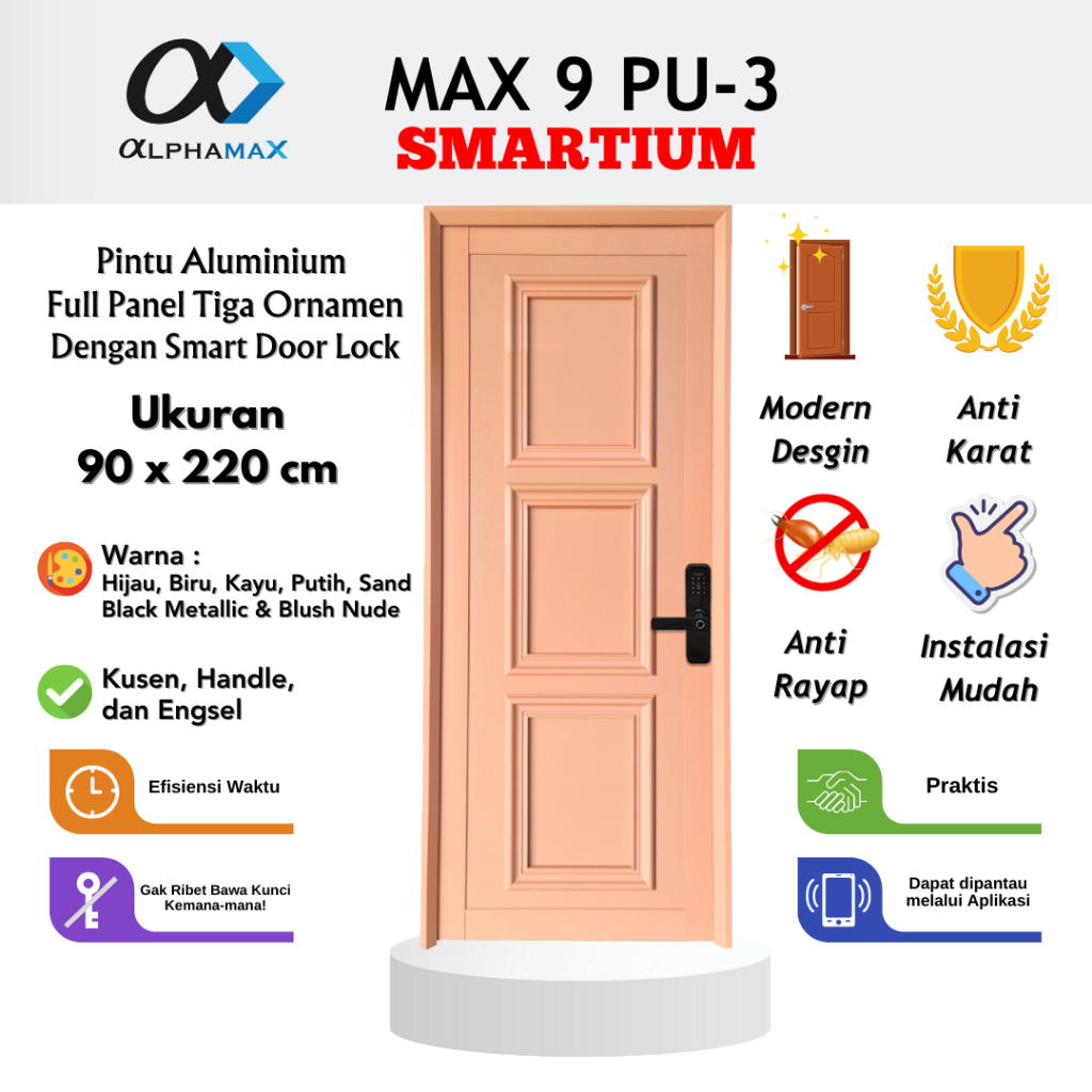 Pintu Aluminium Pintu Rumah Pintu Depan Pintu Utama Pintu Kamar  Full Panel 3 Ornamen dengan Smart L