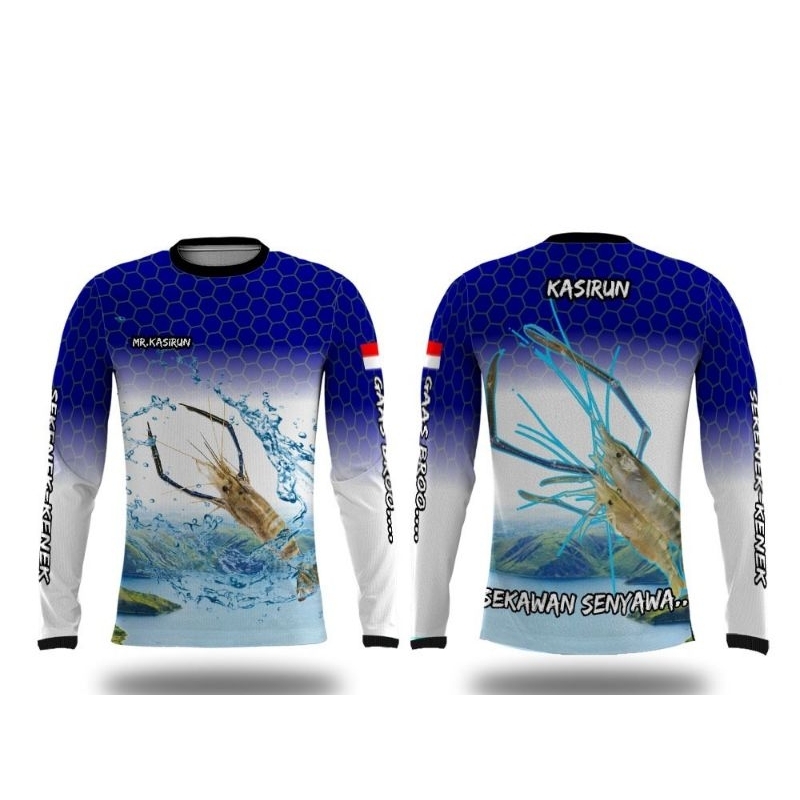 Jersey mancing mania udang galah lengan panjang biru putih