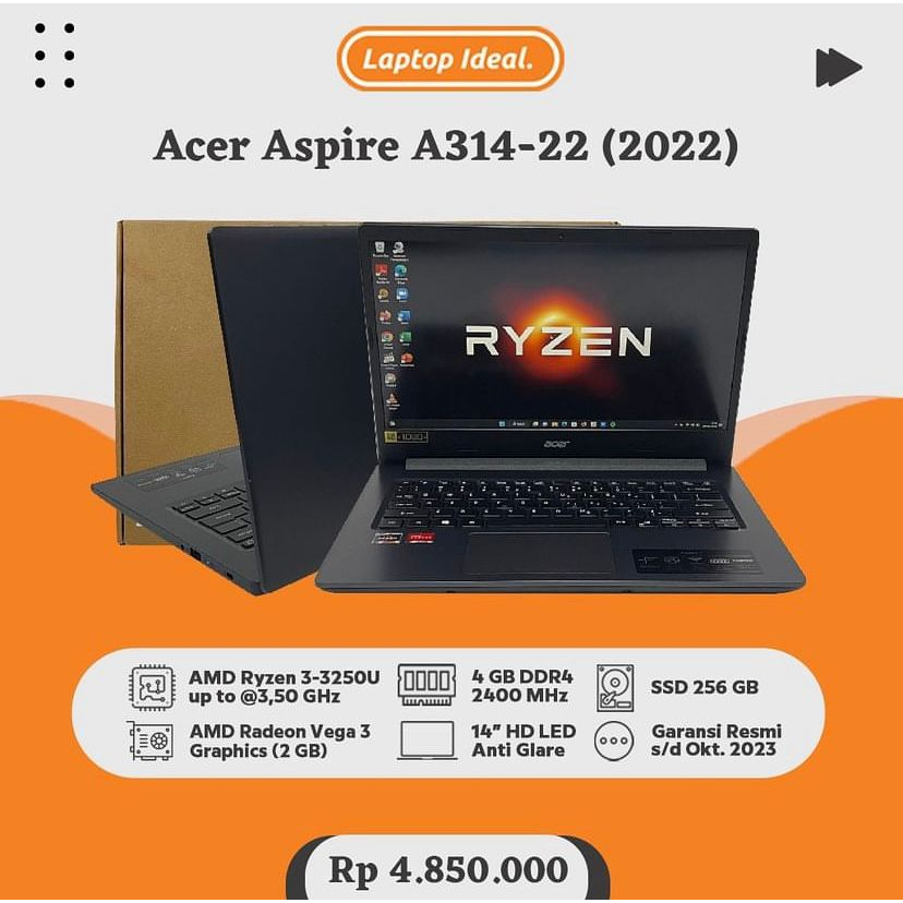 Acer Aspire A314-22 (2022) SLIM Ryzen 3 RAM 4 GB SSD 256 GB MULUSS SEGEL