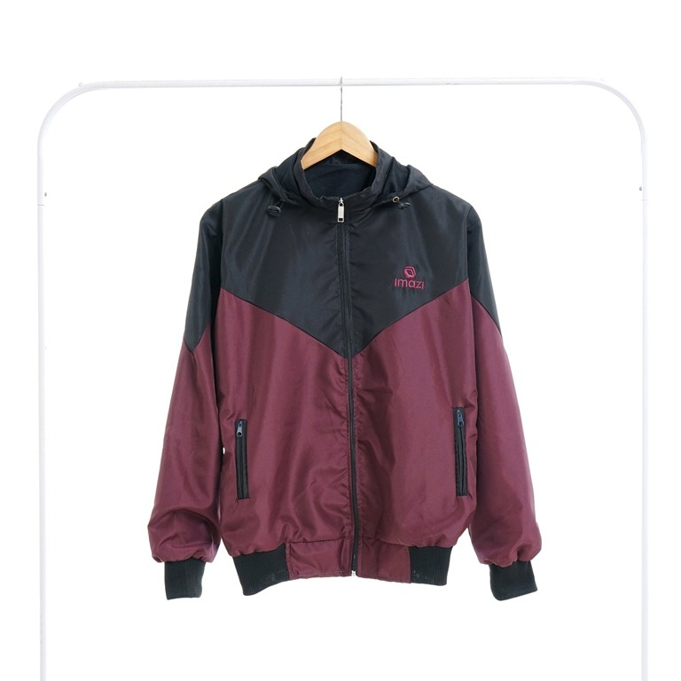 Jaket Olahraga Parasut Windbreaker Kombinasi Hitam Maroon