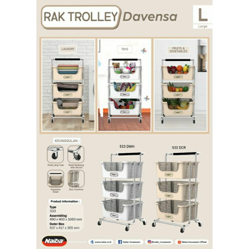 Troley Rak serbaguna/rak Davensa Naiba susun 3 roda