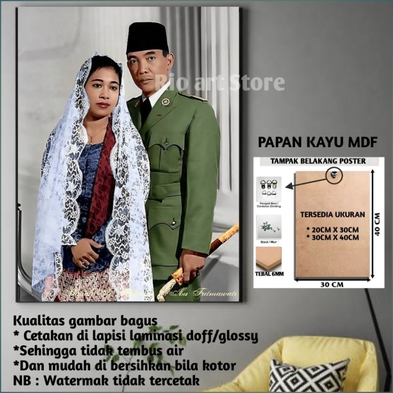 Poster Ir soekarno dan ibu fatmawati hiasan dinding walldekor bahan papan kayu mdf