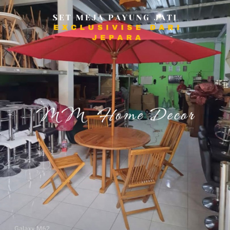 set meja payung aesthetic jati Jepara material jati solid kombinasi kain kantata drill ketahanan 2th