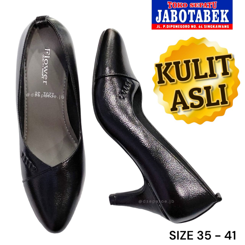 [COD] Sepatu pantofel wanita kulit asli warna hitam polos simple hak tinggi 7 cm model lancip / Sepa