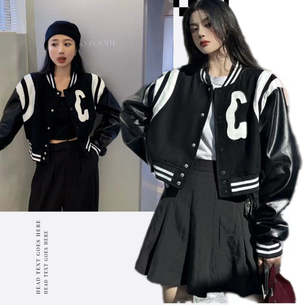 COD##Jaket Baseball Crop Wanita Vintage Kekinian Korean Style/Jaket Crop Korea/Leather Crop Jacket/L