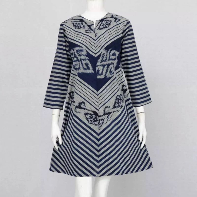 promo diskon dress furing tricod tenun navy lurik DTB133