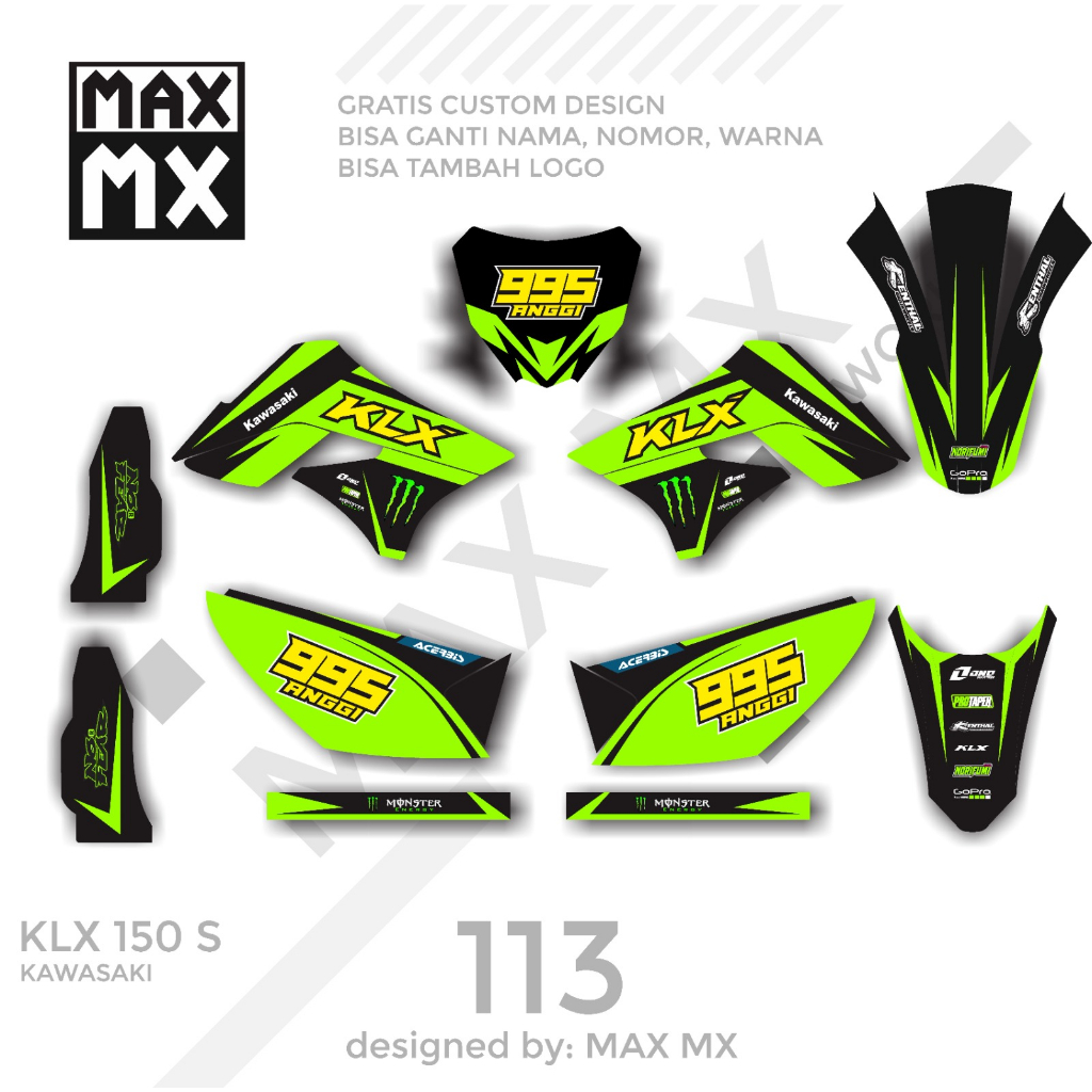 Stiker sticker decal motor klx 150 s Motif hitam hijau bagus