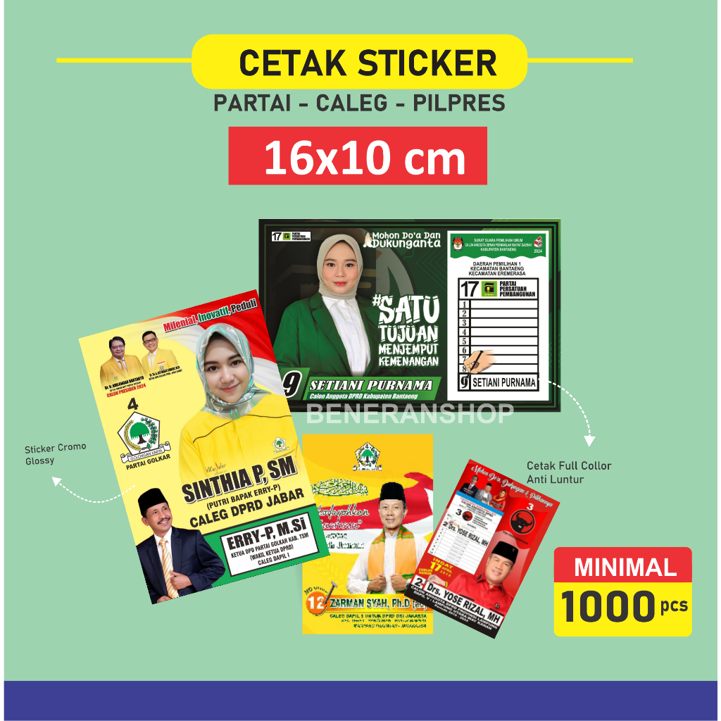 

Cetak Sticker Caleg 16x10 cm - Stiker Partai Kampanye Pemilu Pilpres