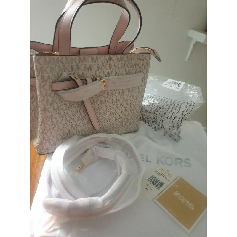 Michael Kors Emilia Small Satchel - Vanilla Signature Powder Blush - Tas MK authentic