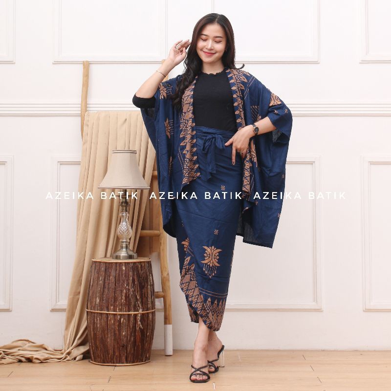 HARGA PRODUK Cardigan Batik Wanita One Set Rok Lilit Baju Kondangan Kekinian Outer Batik Kimono Set