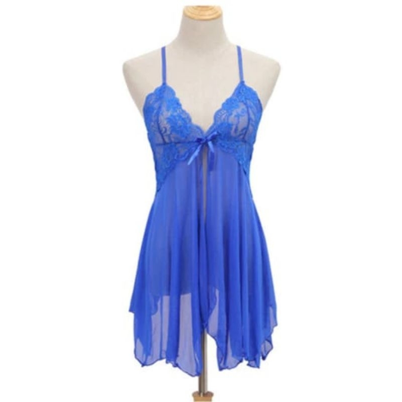 Pakaian  ligerie seksi V neck model renda serat mesh eksotis-Biru