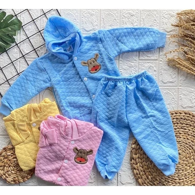 setelan baju sweeter topi anak merk waled lengan panjang full kancing jaket 0-2tahun murah Bayi Cowo