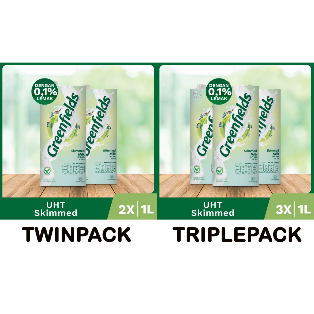 

[Twinpack & Triplepack] Skimmed Susu UHT Greenfields 1 Liter 1L 1000mL gramasi ke 950mL 950 ml