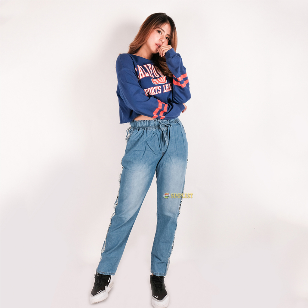 Celana Panjang Jeans Wanita Baggy Jeans Wanita Stripe Putih Allsize