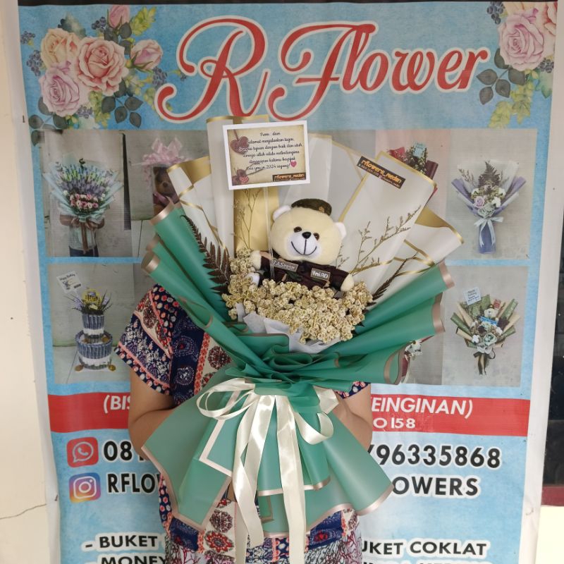 buket boneka costum polisi/ tni/pelayaran bunga edelweis