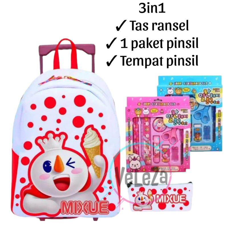 Ransel Troli anak mixue tas dorong troli mixue gratis set pensil dan my botol