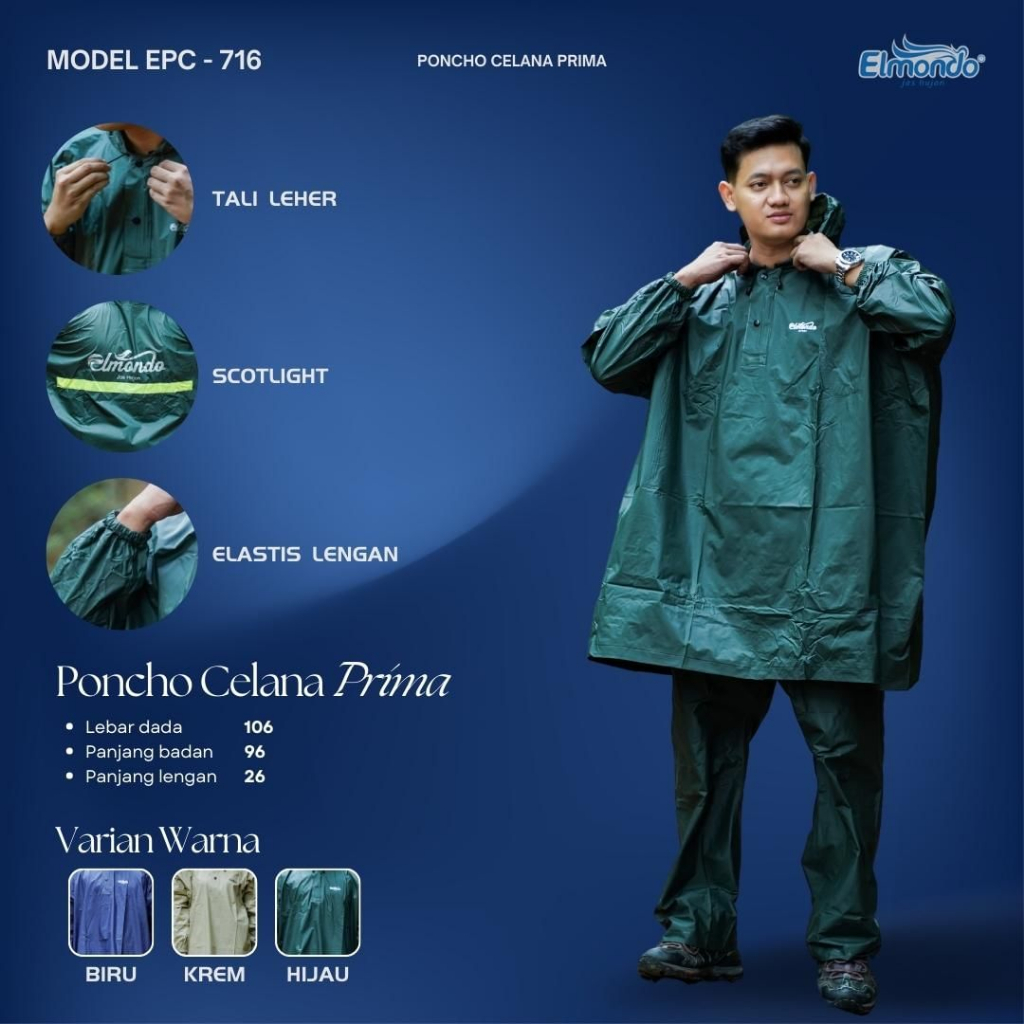 Jas Hujan Poncho Lengan Celana Elmondo Prima 716 biru cream krem hijau army coklat  Jas Hujan Ponco 
