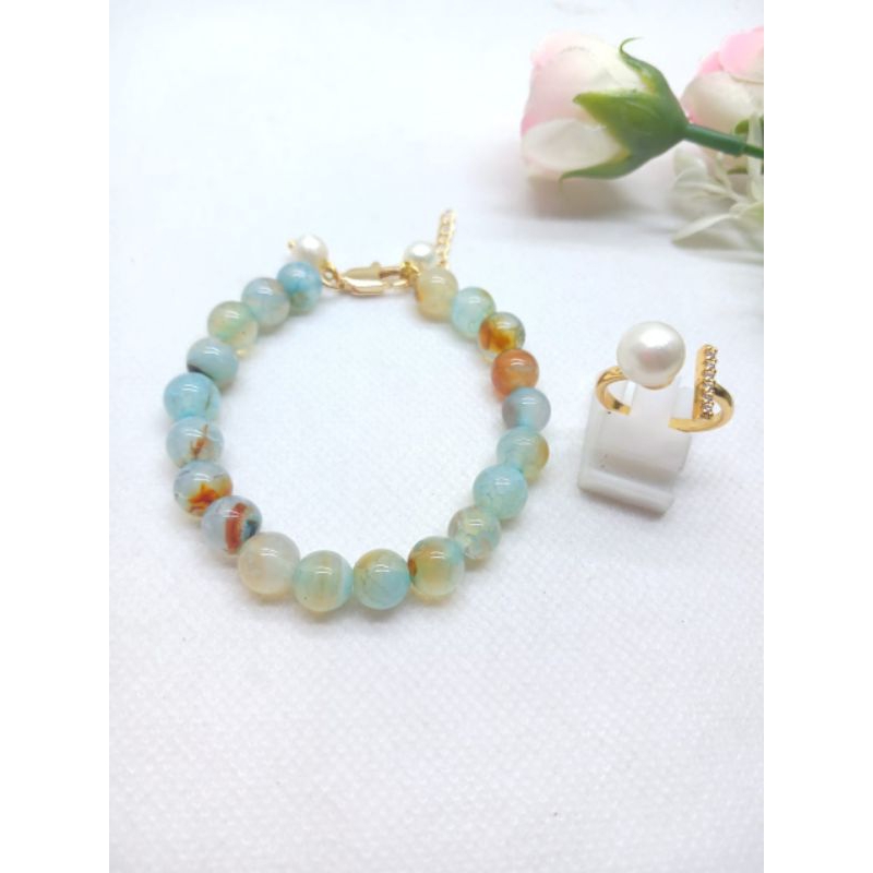 BERSERTIFIKAT SET PERHIASAN GELANG CINCIN MUTIARA ASLI ALAMI AIR TAWAR LOMBOK DAN BATU AGATE CANTIK 