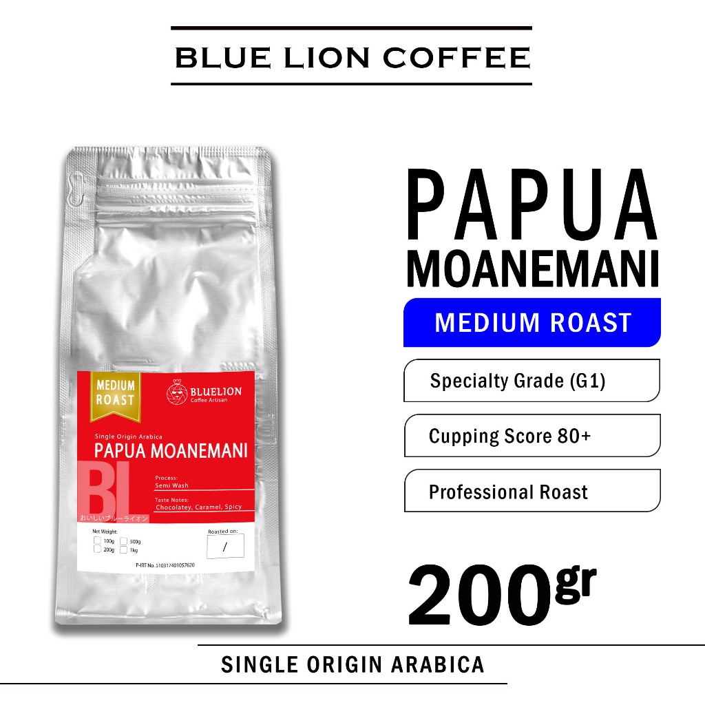 

Blue Lion Coffee Papua Moanemani 200 gram Medium Roast Biji Kopi Bubuk Single Origin Arabica Wamena