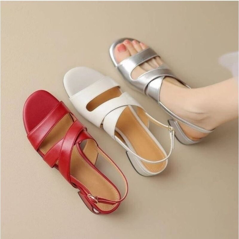 Sandal High Heel Selop Tali Silang Hak Tahu Kotak 3cm Sintetis