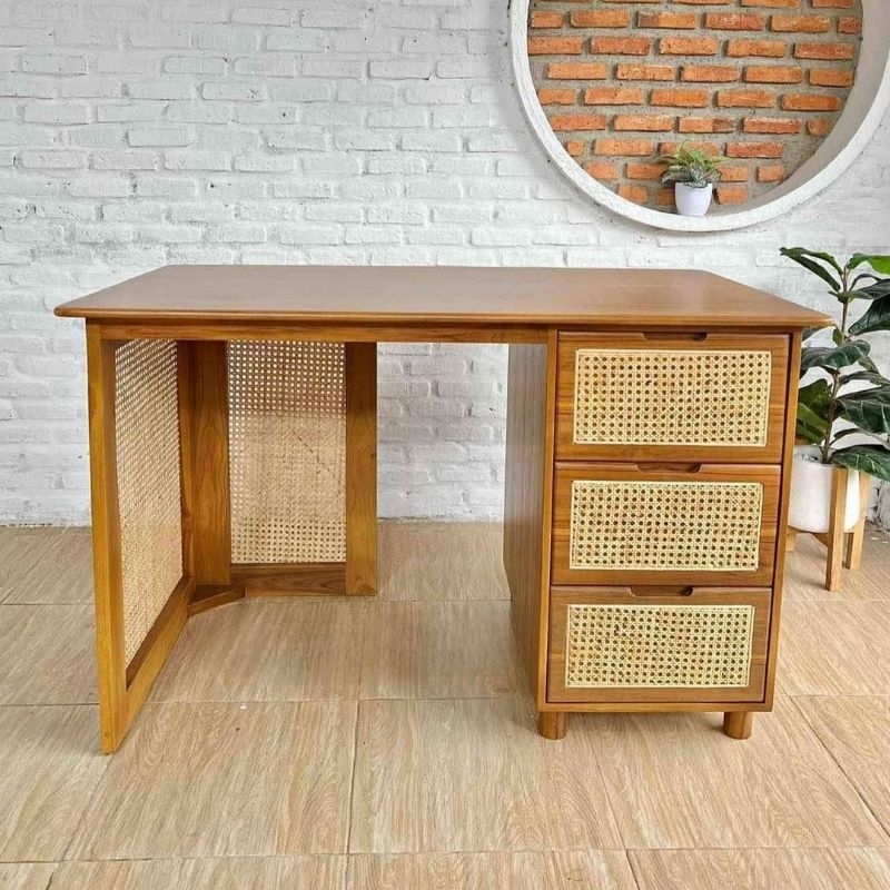 meja belajar jati kombinasi rotan / meja kerja jati retro minimalis