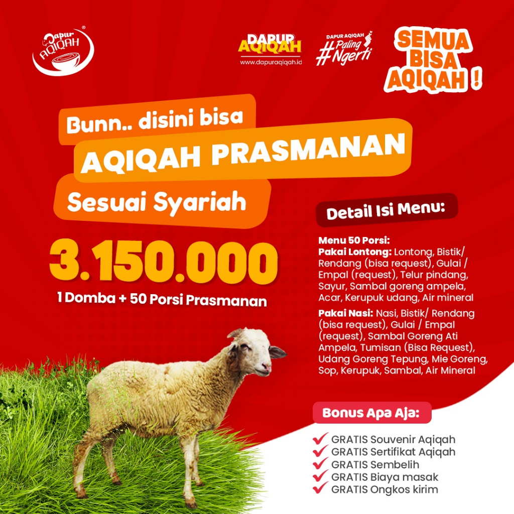 

Paket Prasmanan Aqiqah Anak Perempuan Mewah FREE ONGKIR Cirebon 1 Ekor Domba Dapur Aqiqah