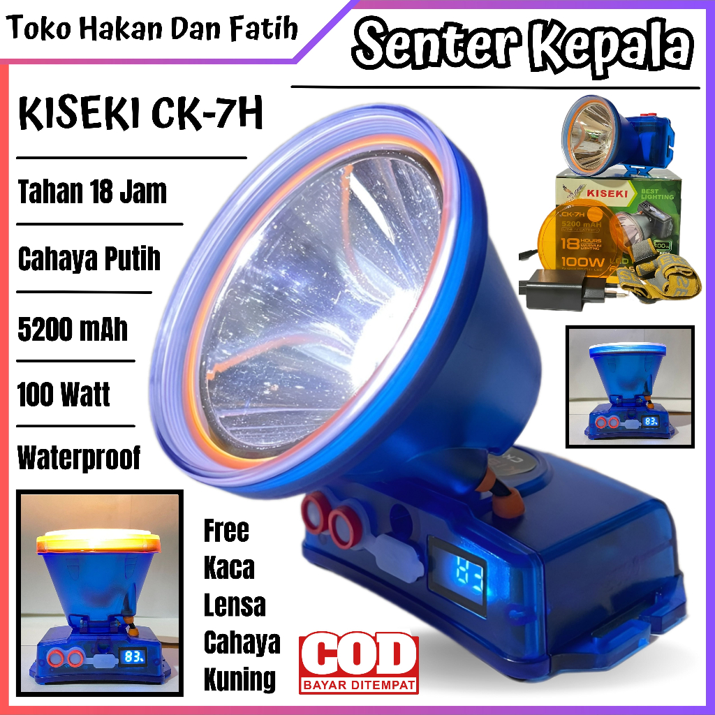 HEADLAMP LED WATERPROOF KISEKI CK-7H 100 W SENTER KEPALA KISEKI 100 WATT CK-7H CAHAYA PUTIH BATERAI