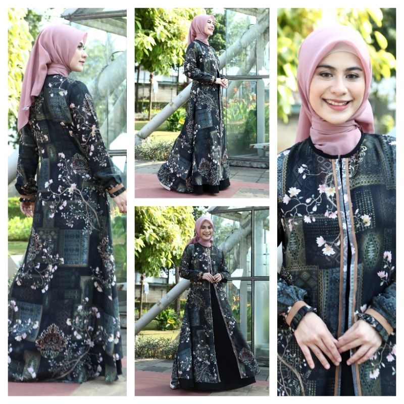 Dress motif cantik ori by Hagia Sofia gamis Maxi bahan glorin jetblack sutra ukuran s m l xl mewah t