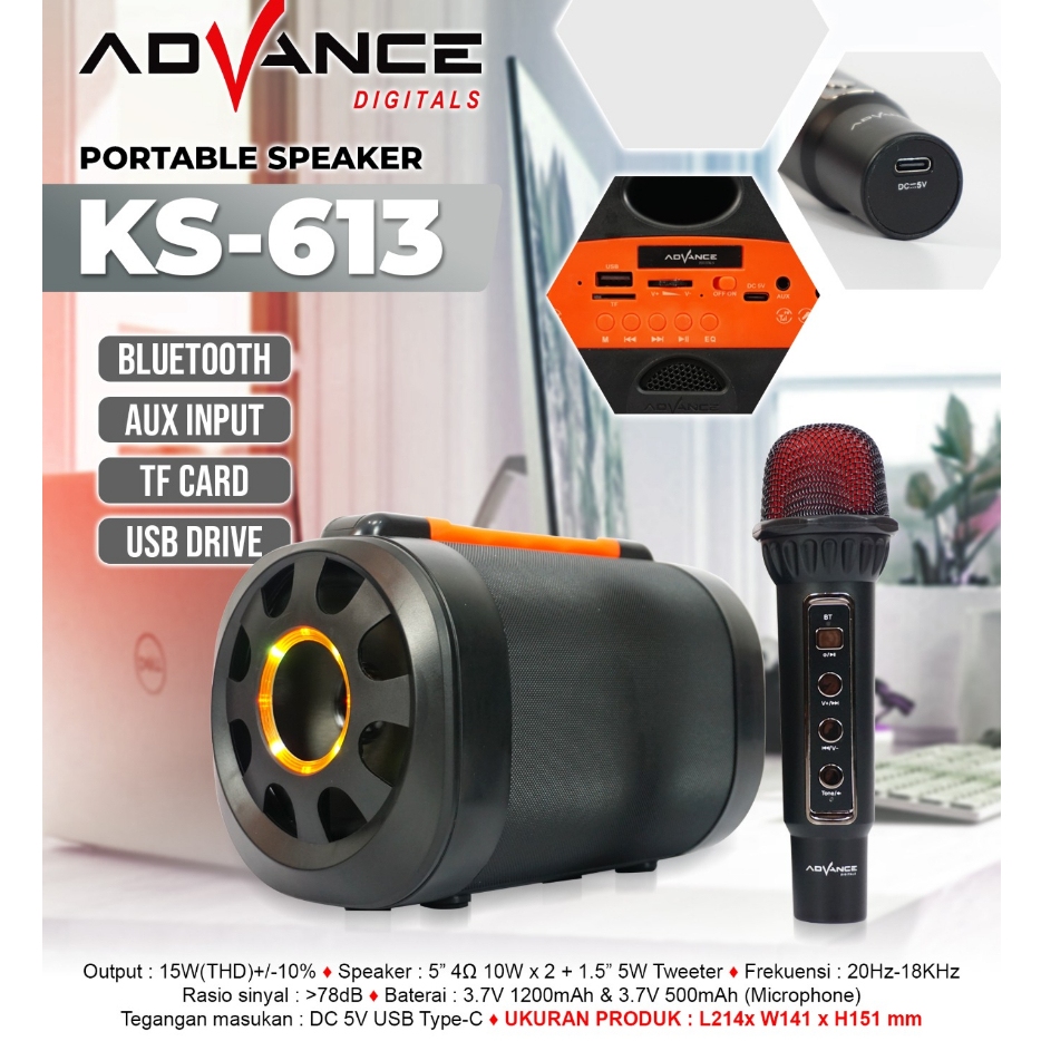 	 Advance KS613 Speaker Portable Bluethooth FREE 1 Microphone Wireless Sudah SNI Garansi Resmi 1 Tahun	