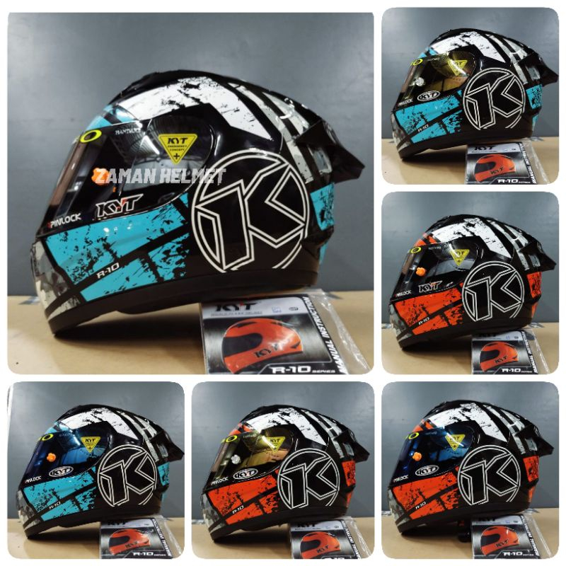 HELM KYT R-10 AQUA BLUE DAN RED PAKET GANTENG VISOR IRIDIUM (include visor ori)