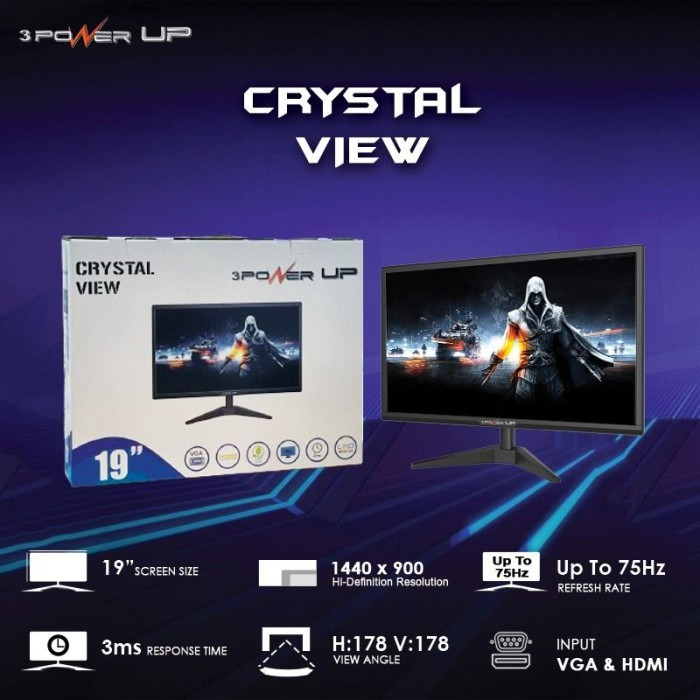 Led Monitor Power UP 19 inch Crystal View 75Hz 3ms Hdmi Vga