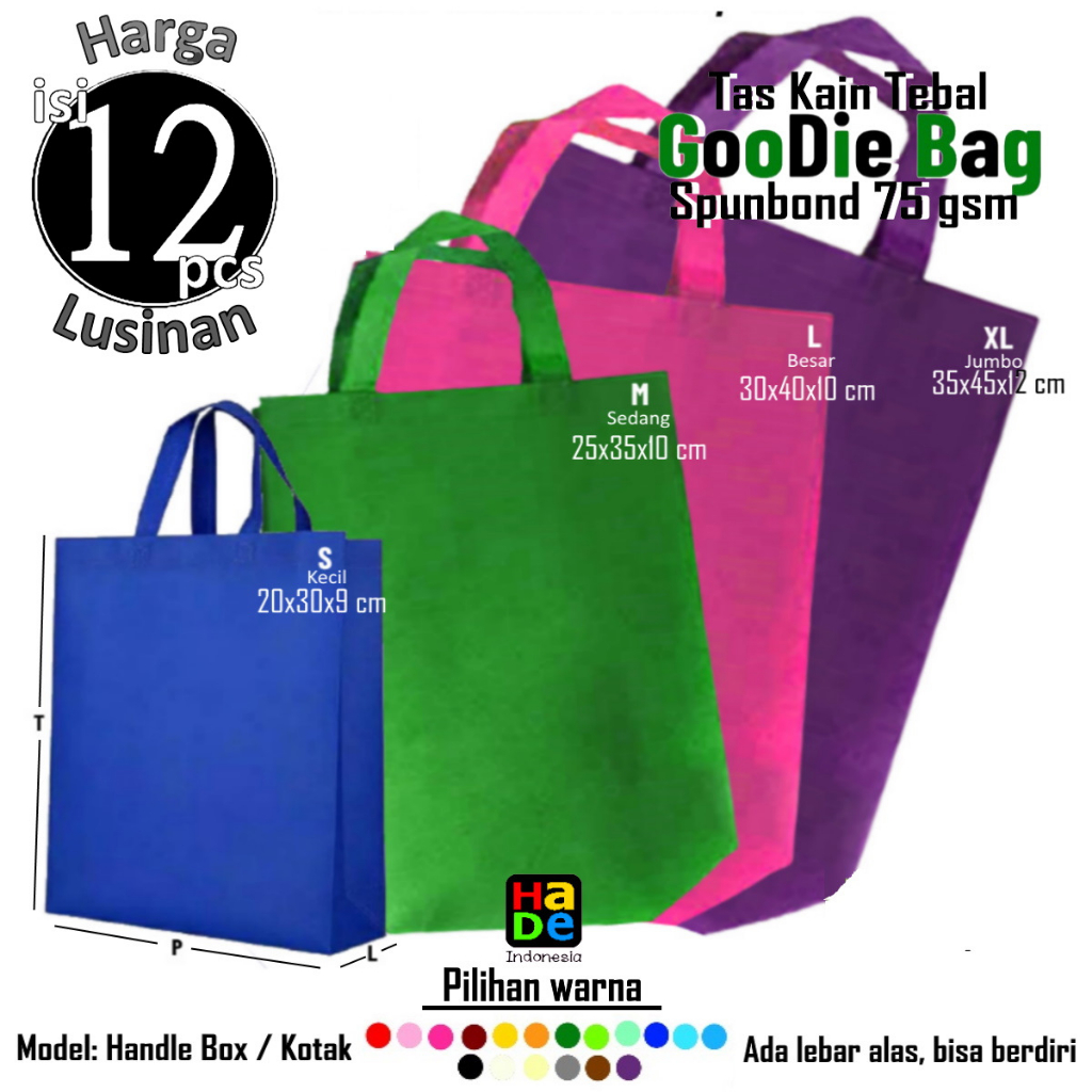 1 Lusinan Isi 12 Tas Kain Spunbond Goodie Bag Model Handle Box / Kotak Tali Ukuran Jumbo Besar Kecil