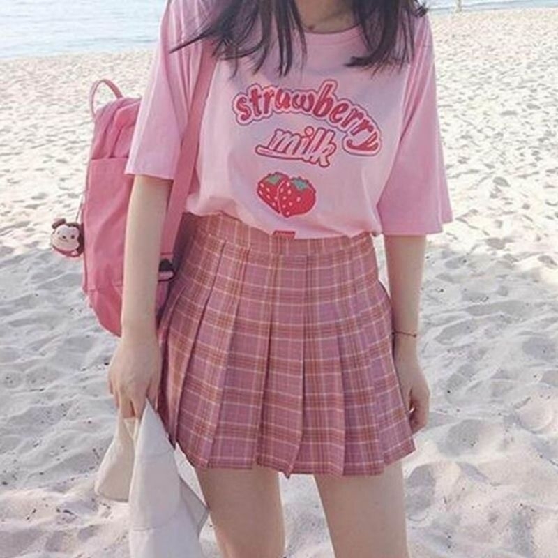 kaos cewe korea strawberry milk pink kaos wanita dewasa