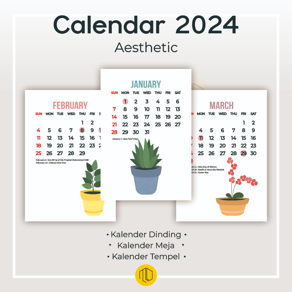 Kalender 2024 Aesthetic / Kalender 2024 Lengkap / Kalender Dinding Meja Duduk Kalender Kantor / Kale