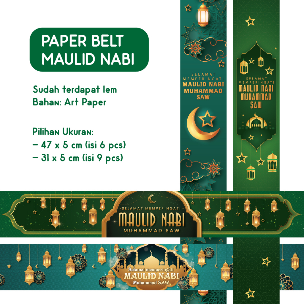 PAPER BELT MAULID NABI MUHAMMAD SAW KERTAS UCAPAN BENTO BELT NASI KOTAK NASI KUNING TEMPELAN TULISAN