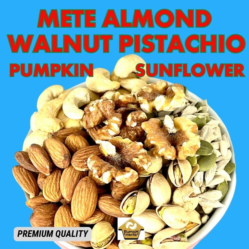 

TRAIL MIX 6 SPECIAL 1KG KACANG METE ALMOND WALNUT PISTACHIO IN SHELL PUMPKIN SUNFLOWER READY TO EAT