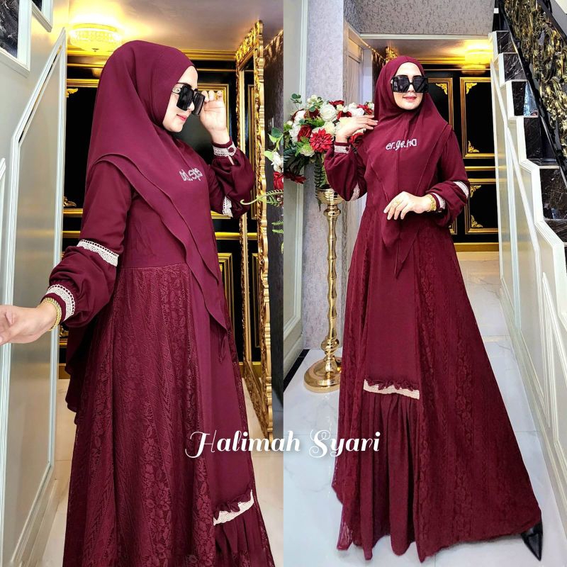 halimah syari by er.ge.ha gamis ceruty polos busui set khimar premium branded