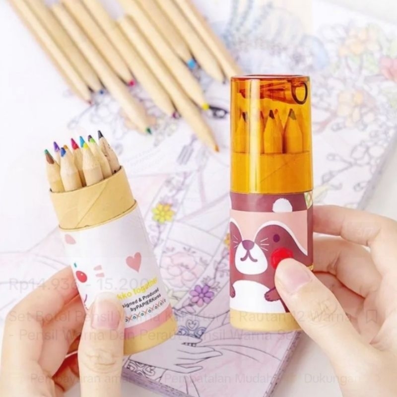 

12 set pensil warna botol plastik lengkap dengan serutan