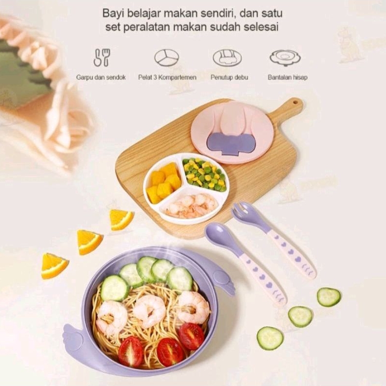 Tempat Makan Bayi Sekat Set Tutup Sendok Garpu Dan Suction Sillicone
