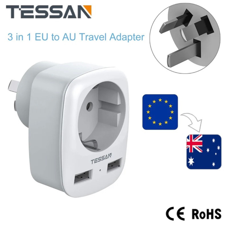 TESSAN TS-611-AU Stop Kontak Indonesia EU Plug to AU Travel Adapter with 2 USB / 2 Pin Europe to 3 P
