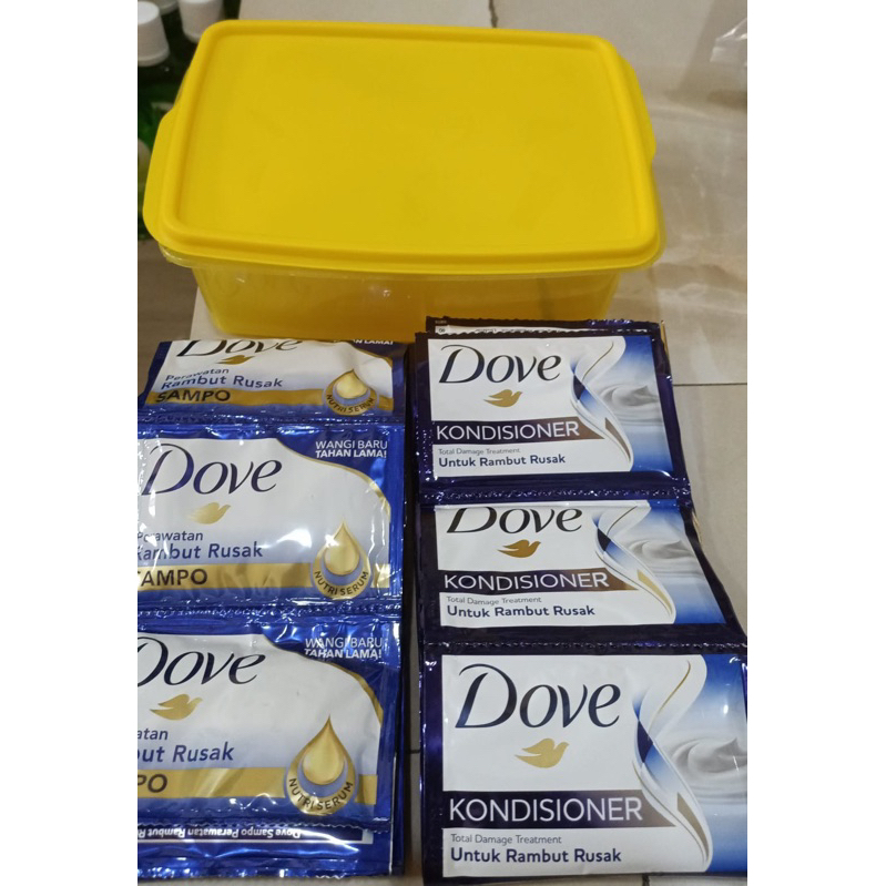 paketan Shampo dove + kondisioner sachet gratis box cantik