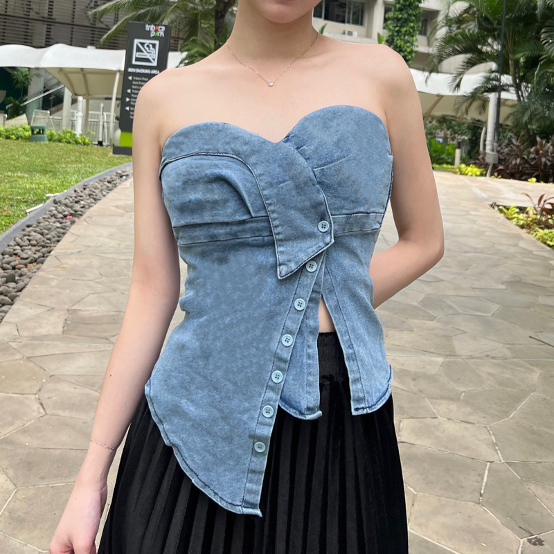 J'ADORE Quin Denim Top - Asymmetrical Tube Button Top Atasan Jeans Wanita