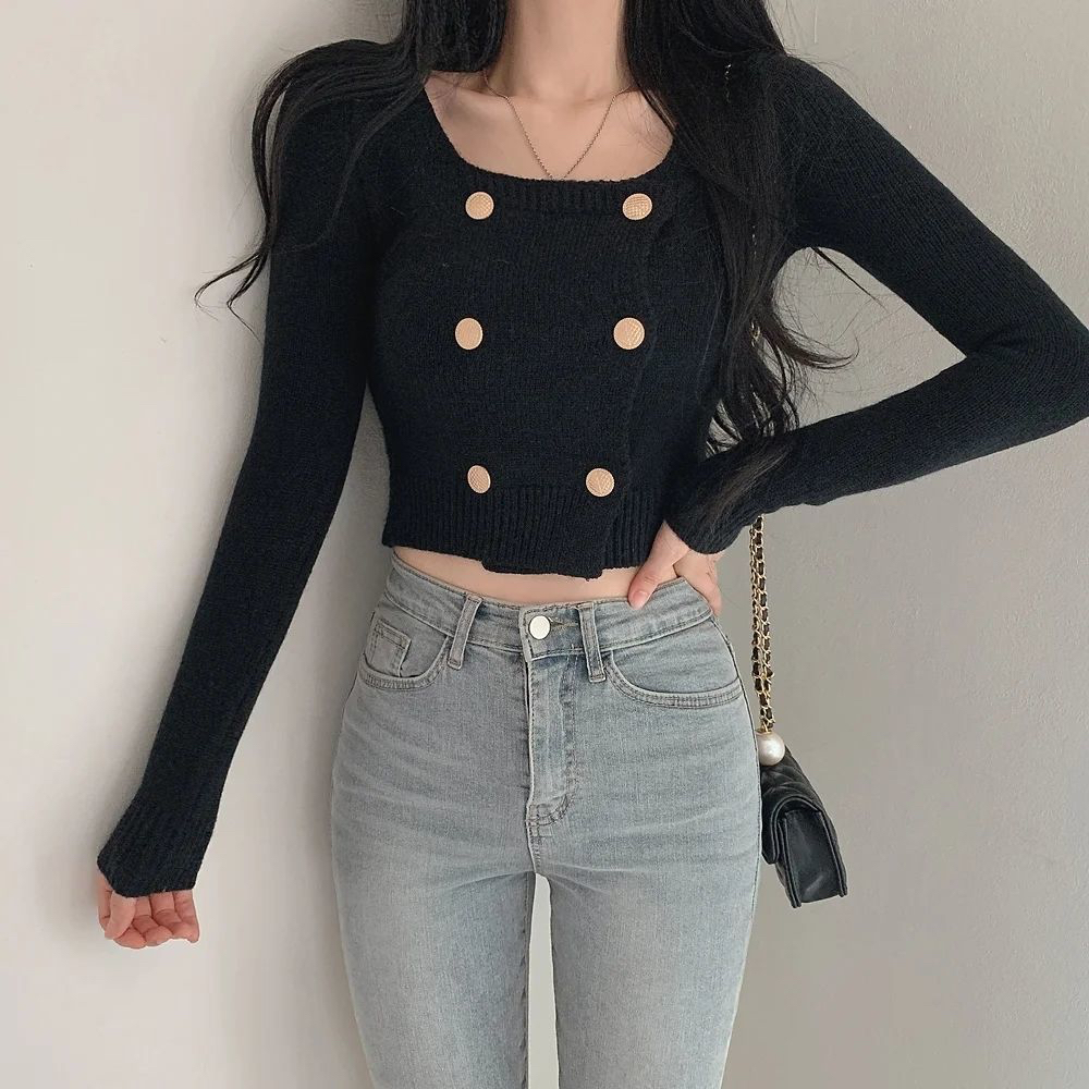 Women's Knitted Long Sleeve Slim Clothes Cropped Pullovers Korean Style Fashion Sexy Chic Vintage Bu