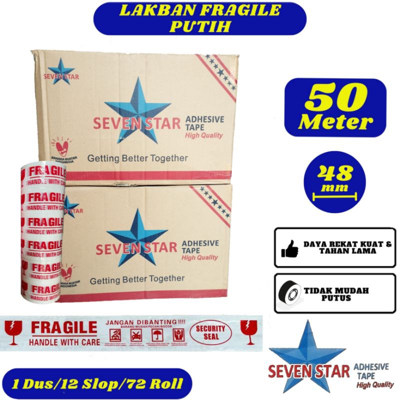 

Lakban Fragile Putih Seven Star 48mm x 50 meter Karton - Lakban Daya Rekat Kuat,Tidak Mudah Putus
