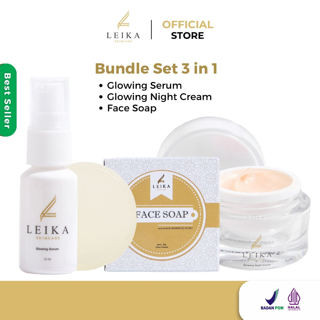 Leika Skincare Paket 3 in 1 Glowing Night Cream, Glowing Serum & Face Soap  Flek Hitam, Bintik hitam