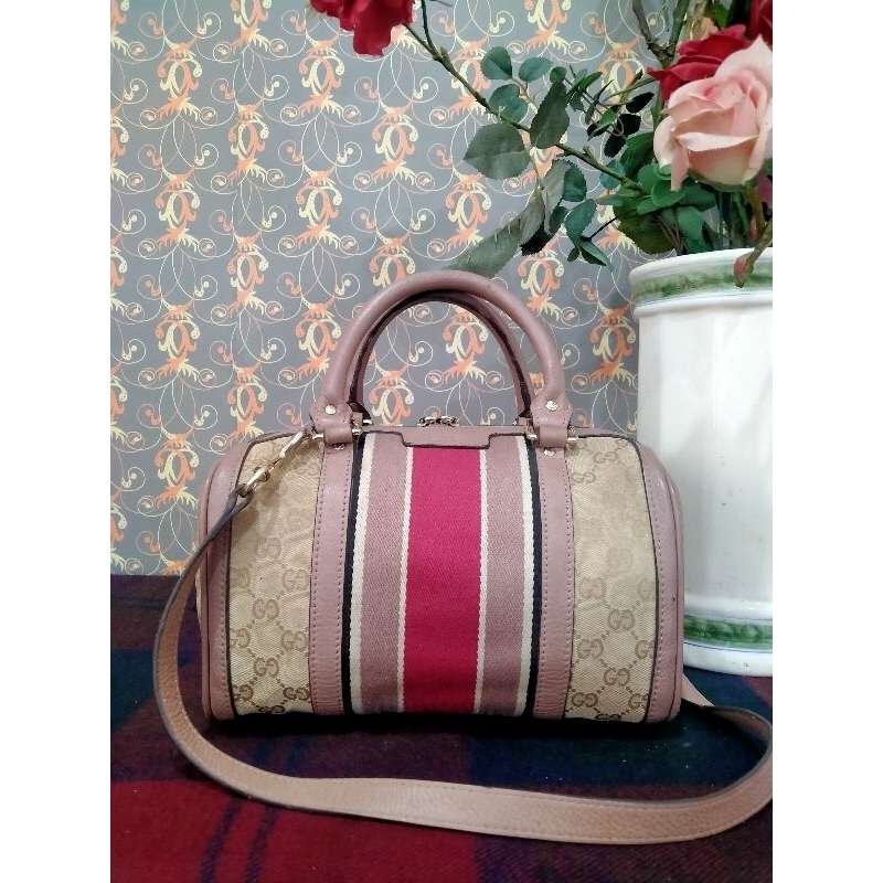 Tas Hangbag Top Handle Bag Gucci Boston Small 269876 1818 GG Canvas Leather Kulit Mix Kanvas Lengkap