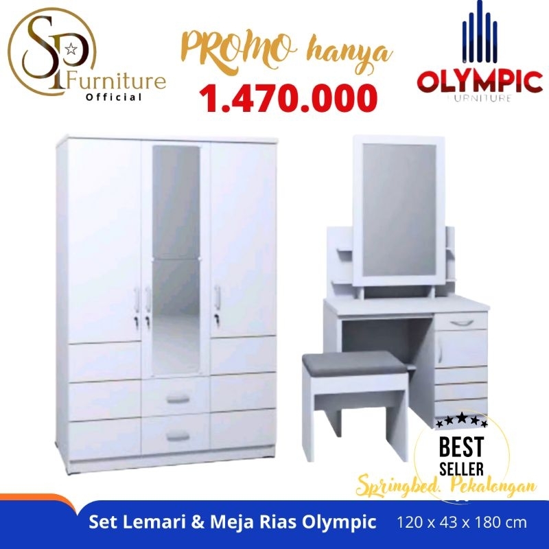 Set Lemari Pakaian 3 Pintu dan Meja Rias Kaca Sliding Minimalis Modern Olympic Termurah Terlaris Cir