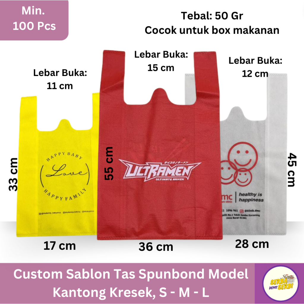 

Custom Sablon Tas Kain Spunbond Model Kantong Kresek Untuk Box Makanan dan Sembako Alat Restoran Takeaway