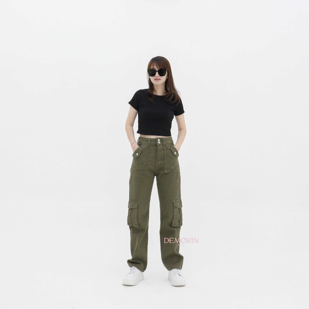 DEMORIN - Celana Highwaist Cargo Jeans Straight Bawahan Wanita X56 Army