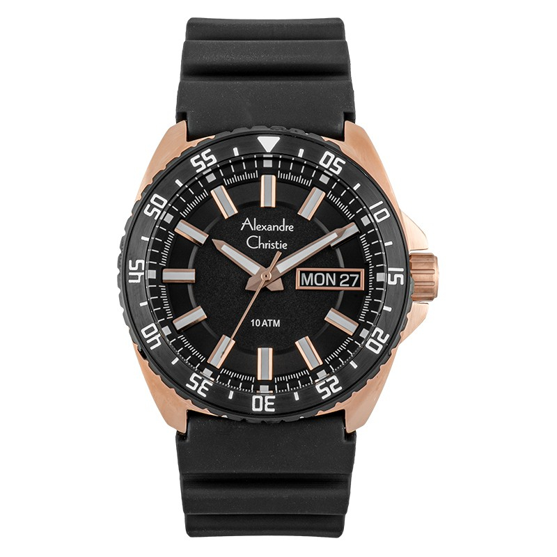 Jam Tangan Alexandre Christie AC 6541 ME RBRBA Men Black Dial Black Rubber Strap